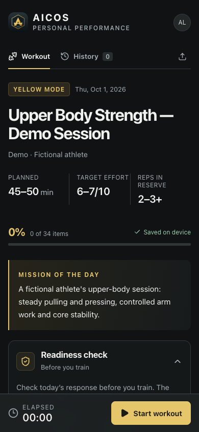 The workout app on a phone: today's session, target effort and reps in reserve, progress and the start button.