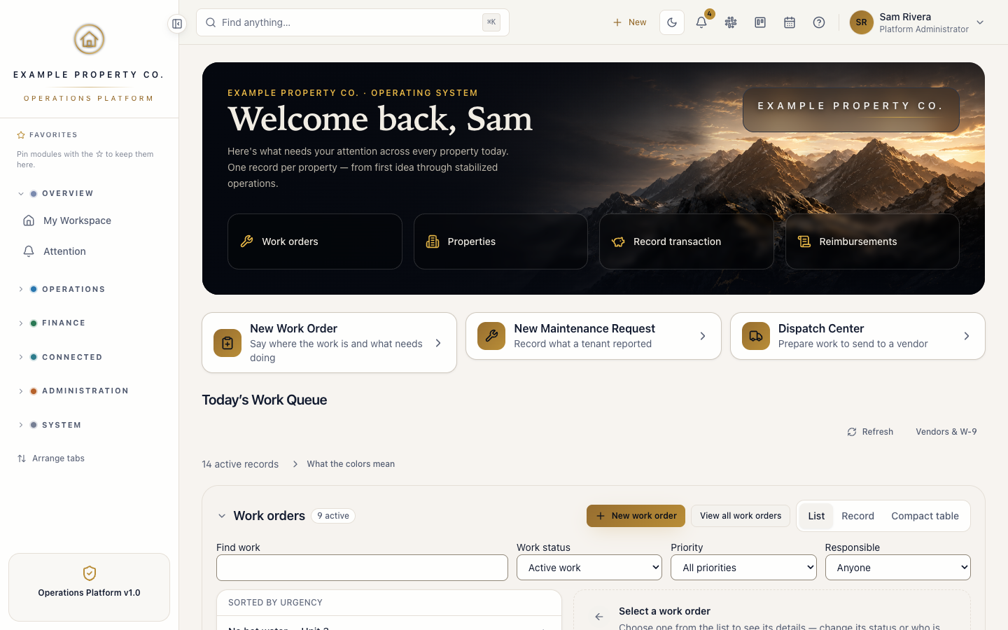The operations platform's role home: a welcome banner with attention counts, a business snapshot and today's work queue, shown with invented demonstration data.