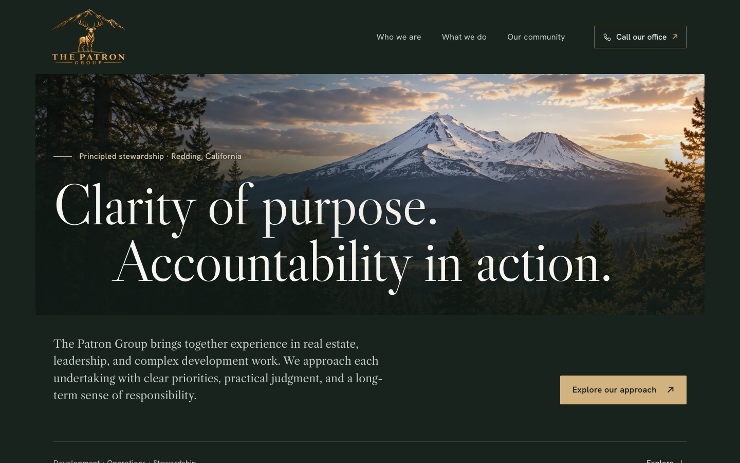 The unreleased redesign concept at desktop width: the landscape framed as a print with the headline across its lower edge.