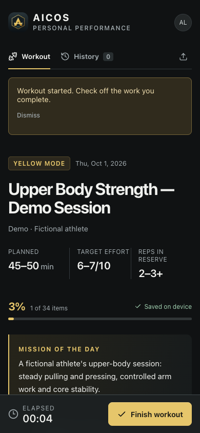 The workout in progress: elapsed time, progress at 3 percent and Saved on device.